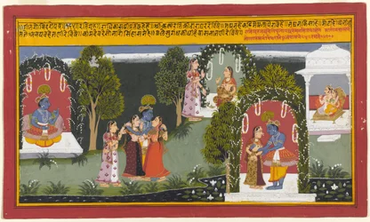 Kama und Rati Zeugen die Wiedervereinigung von Krishna und Radha, Seite aus einer Gita Govinda-Serie, 1714